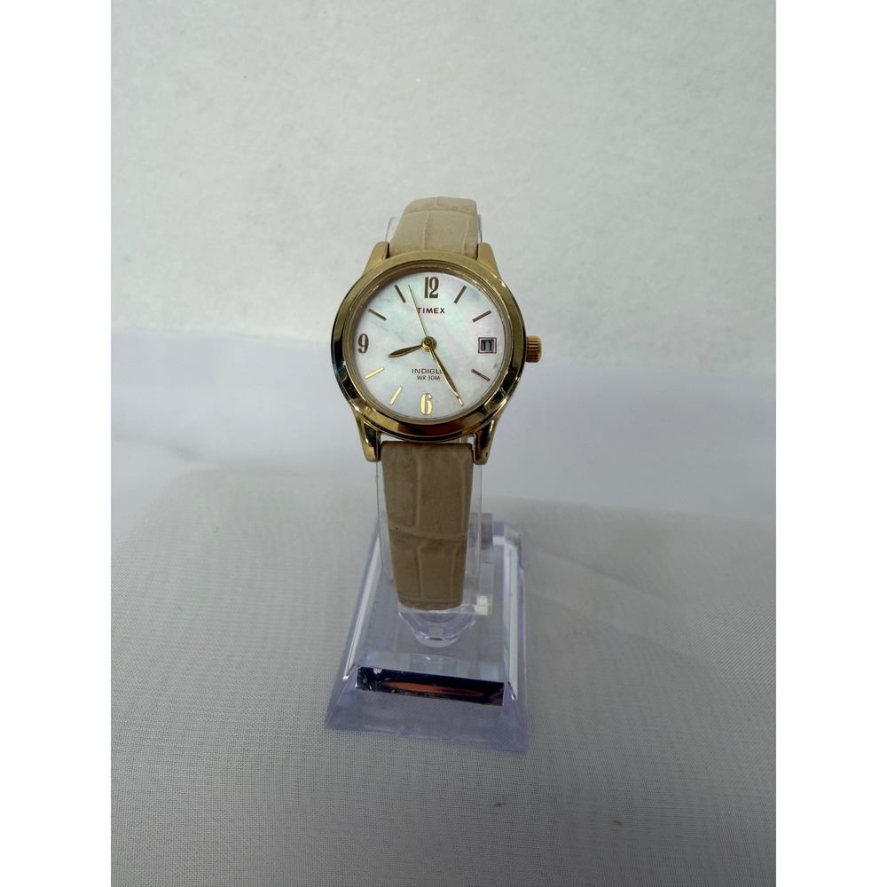 Timex Indiglo Watch Womens Gold Tone Mother of Pearl Dial Leather Strap N7